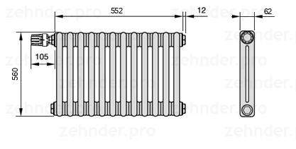 Схема (чертеж) Радиатор Zehnder Charleston 2056/12 №V012 Белый глянцевый RAL 9016